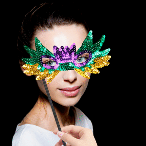 8" Sequin Mask with Stick- Green, Purple, & Gold
