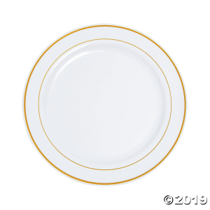 White Plastic Dinner Plates with Gold Edging (25 Piece(s))