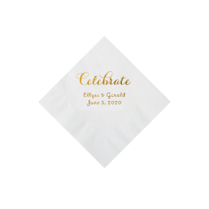 White Celebrate Personalized Napkins with Gold Foil - Beverage (50 Piece(s))