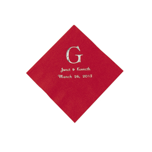 Red Wedding Monogram Personalized Napkins with Silver Foil - Beverage (50 Piece(s))