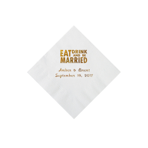 White Eat Drink & Be Married Personalized Napkins with Gold Foil - Beverage (50 Piece(s))