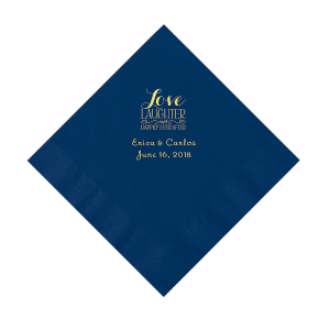 Navy Love Laughter & Happily Ever After Personalized Napkins with Gold Foil - Luncheon (50 Piece(s))