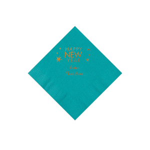 Turquoise Happy New Year Personalized Napkins with Gold Foil - Beverage (50 Piece(s))