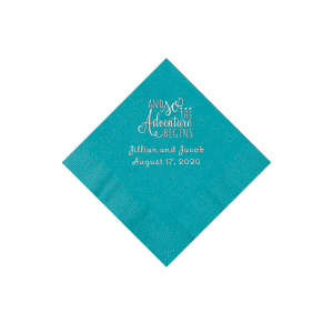 Turquoise The Adventure Begins Personalized Napkins with Silver Foil - Beverage (50 Piece(s))