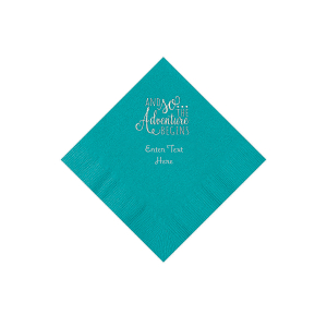 Turquoise The Adventure Begins Personalized Napkins with Silver Foil - Beverage (50 Piece(s))