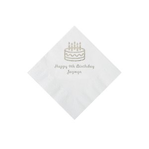 White Birthday Cake Personalized Napkins with Silver Foil - Beverage (50 Piece(s))