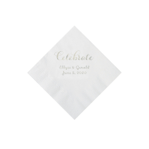 White Celebrate Personalized Napkins with Silver Foil - Beverage (50 Piece(s))