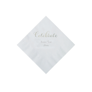 White Celebrate Personalized Napkins with Silver Foil - Beverage (50 Piece(s))