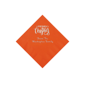 Orange Merry Christmas Personalized Napkins with Silver Foil - Beverage (50 Piece(s))