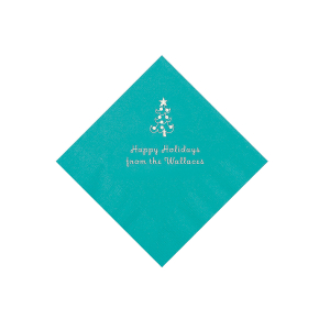 Teal Christmas Tree Personalized Napkins with Silver Foil  Beverage (50 Piece(s))