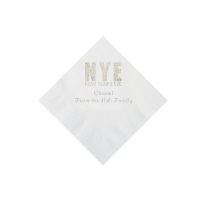 White New Year's Eve Personalized Napkins with Silver Foil - Beverage (50 Piece(s))