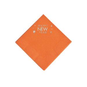Pumpkin Orange Happy New Year Personalized Napkins with Silver Foil - Beverage (50 Piece(s))