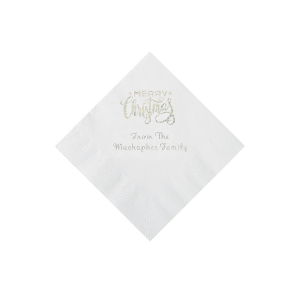 White Merry Christmas Personalized Napkins with Silver Foil - Beverage (50 Piece(s))