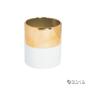 Wide White Ceramic Vase with Gold Trim (1 Piece(s))
