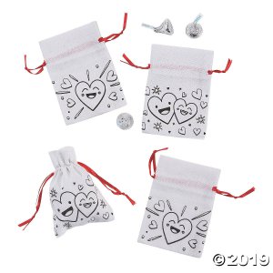 Color Your Own Mini Valentine's Day Canvas Drawstring Favor Bags (Per Dozen)