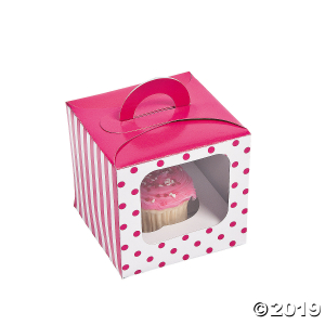 Hot Pink Polka Dot Cupcake Boxes with Handle (Per Dozen)