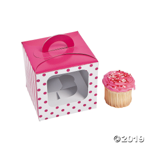Hot Pink Polka Dot Cupcake Boxes with Handle (Per Dozen)