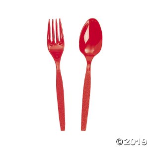 Plastic Silverware Set, Forks, Knives, Spoons (Red Glitter, 144