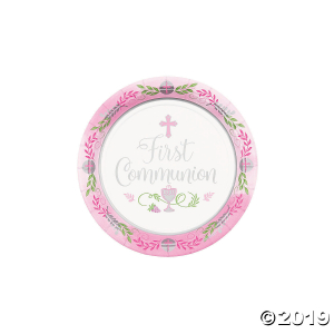 Pink 1st Communion Paper Dessert Plates (18 Piece(s))