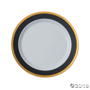 Black & White Premium Plastic Dinner Plates with Gold Border (25 Piece(s))