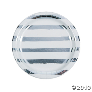 White & Silver Foil Striped Paper Dinner Plates (8 Piece(s))