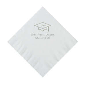 White Grad Mortarboard Personalized Napkins with Silver Foil  Luncheon (50 Piece(s))