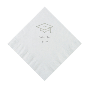 White Grad Mortarboard Personalized Napkins with Silver Foil  Luncheon (50 Piece(s))