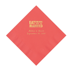 Coral Eat Drink & Be Married Personalized Napkins with Gold Foil - Luncheon (50 Piece(s))
