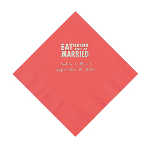 Coral Eat Drink & Be Married Personalized Napkins with Silver Foil - Luncheon (50 Piece(s))