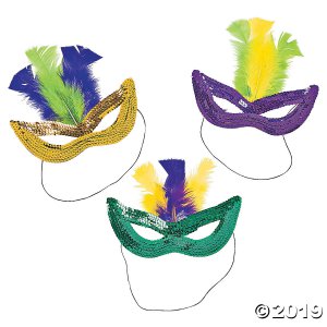 Mardi Gras Sequin Masks with Feathers (Per Dozen)