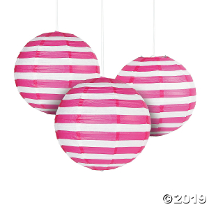 Hot Pink Striped Hanging Paper Lanterns (6 Piece(s))