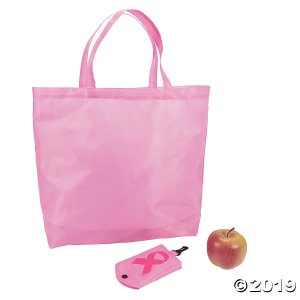 Large Pink Ribbon Fold Away Shopping Tote Bags (Per Dozen)
