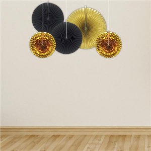 Black & Gold Fan Decorations (Per 5 pack)