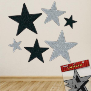 Black & Silver Glitter Star Cutouts (Per 6 pack)
