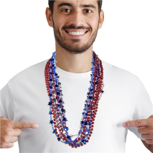 Red, Blue & Silver 33" Bead Necklaces (Per 12 pack)