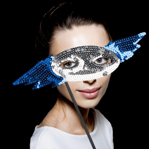 8" Sequin Mask with Stick- Blue & Silver