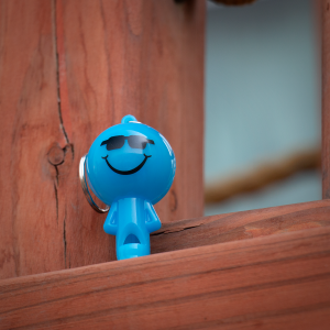 2" Light-Up Smiley Whistle Keychain- Blue