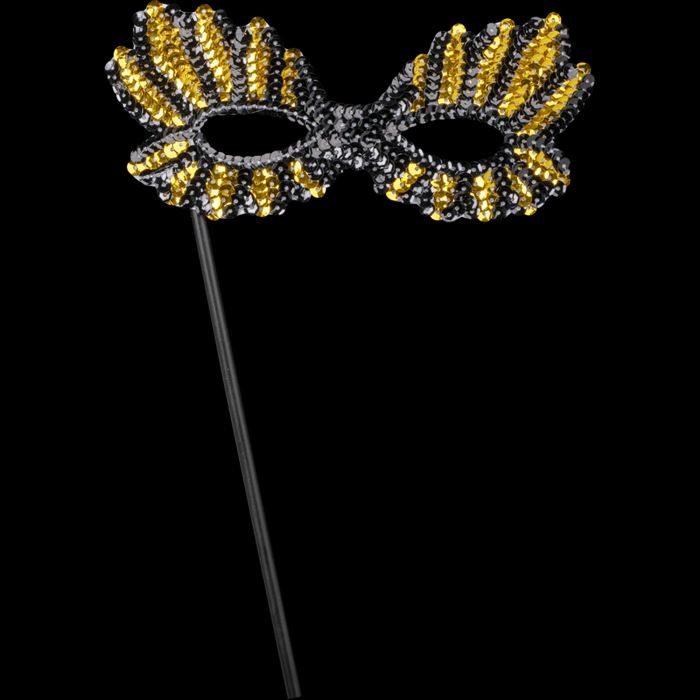 8" Sequin Mask with Stick- Black & Gold