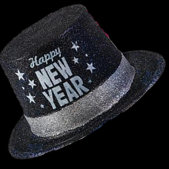 11" Happy New Year Glitter Top Hat- Black