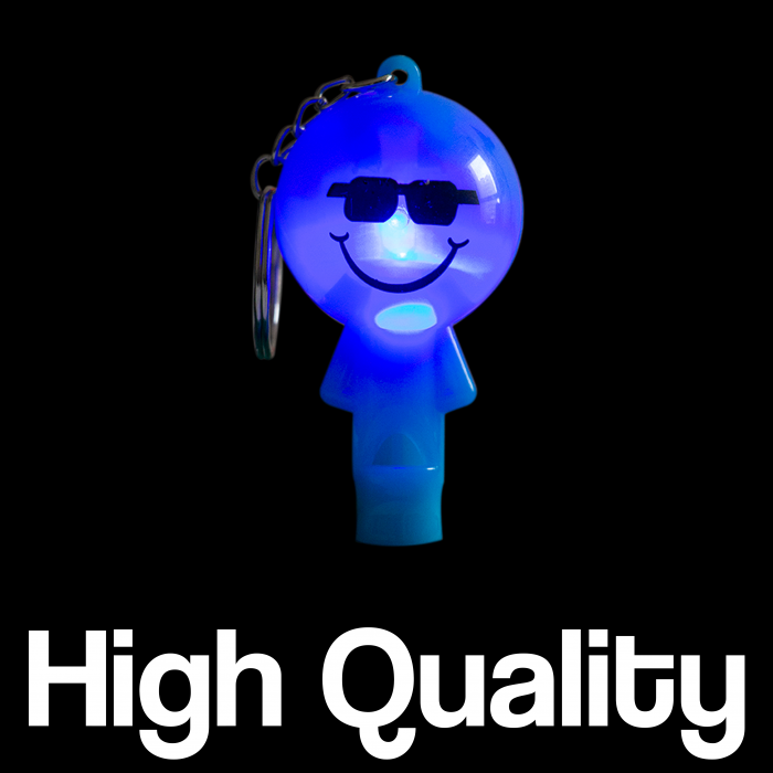 2" Light-Up Smiley Whistle Keychain- Blue