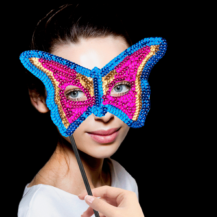 8" Sequin Mask with Stick- Pink, Gold, & Blue