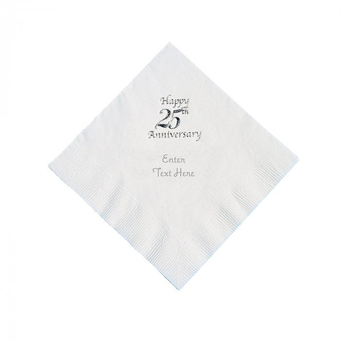 Personalized Silver And White 25th Anniversary Beverage Napkins (50 Piece(s))