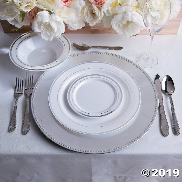 White Premium Plastic Dinner Plates with Silver Trim (25 Piece(s))