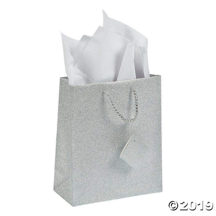 Medium Silver Glitter Gift Bags with Tags (Per Dozen)