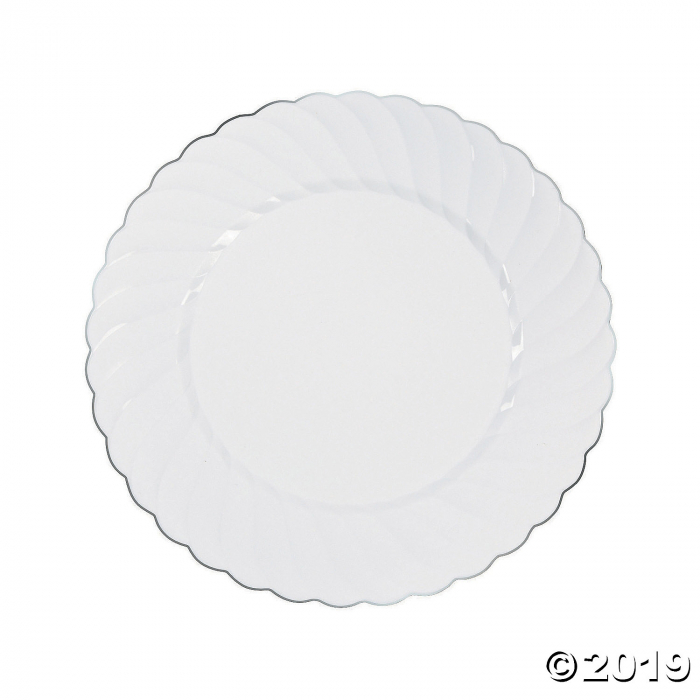 Premium White Plastic Dinner Plates with Silver Trim (25 Piece(s)) Premium White Plastic Dinner Plates with Silver Trim (25 Piece(s))