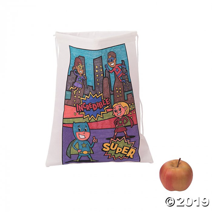Color Your Own Medium Superhero Drawstring Bags (Per Dozen)