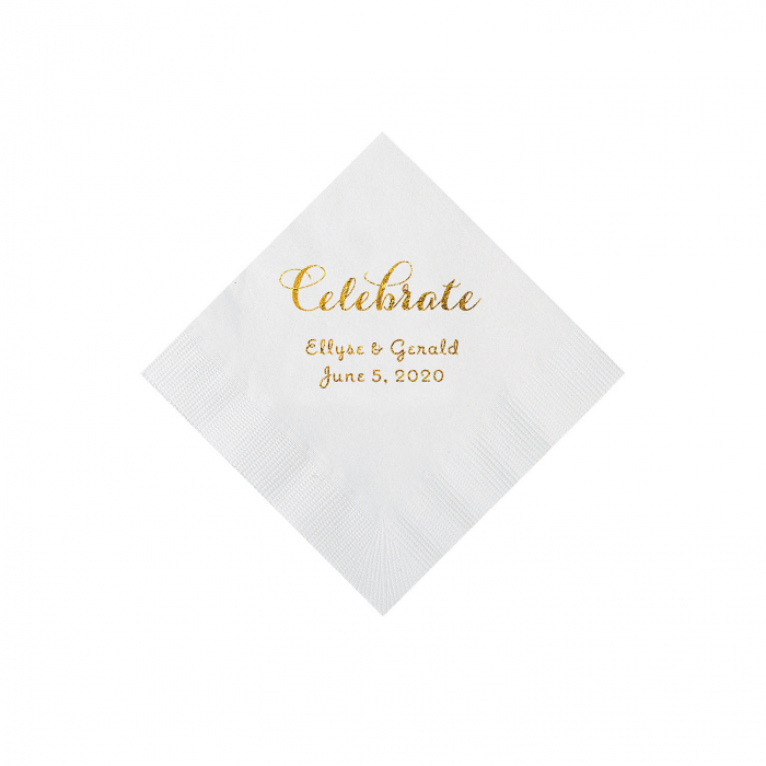 White Celebrate Personalized Napkins with Gold Foil - Beverage (50 Piece(s))