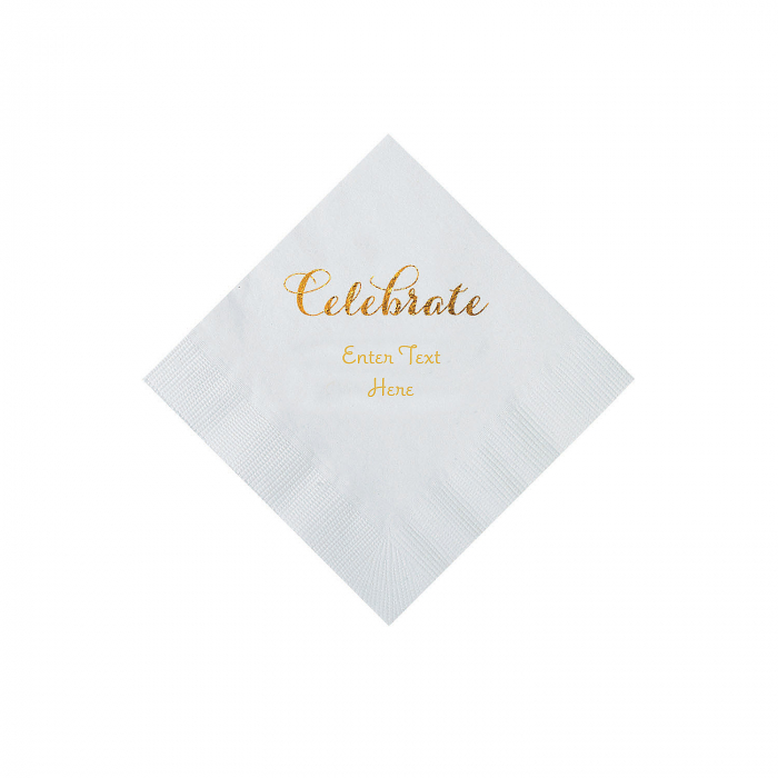 White Celebrate Personalized Napkins with Gold Foil - Beverage (50 Piece(s))