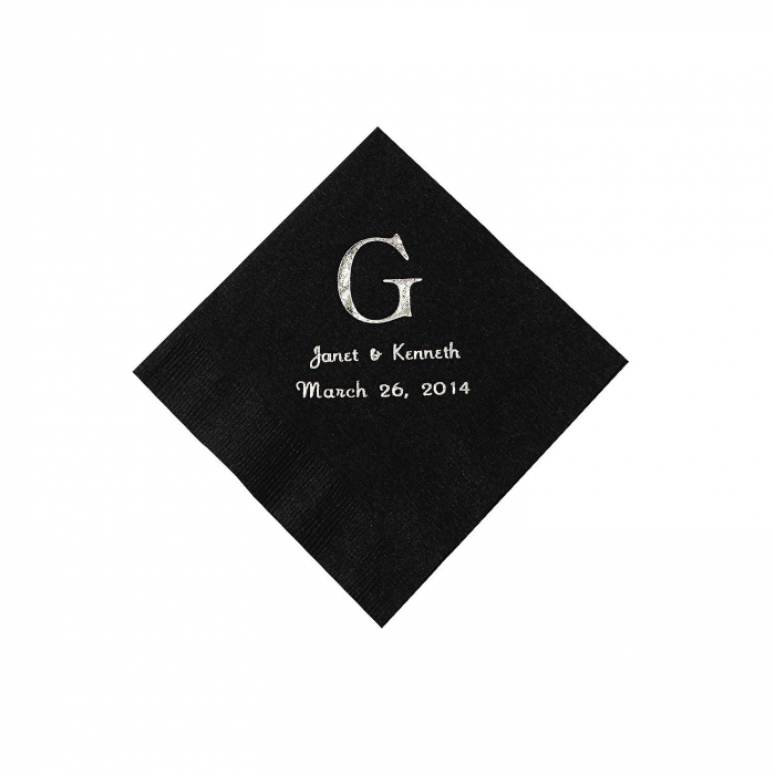 Black Wedding Monogram Personalized Napkins with Silver Foil - Beverage (50 Piece(s))