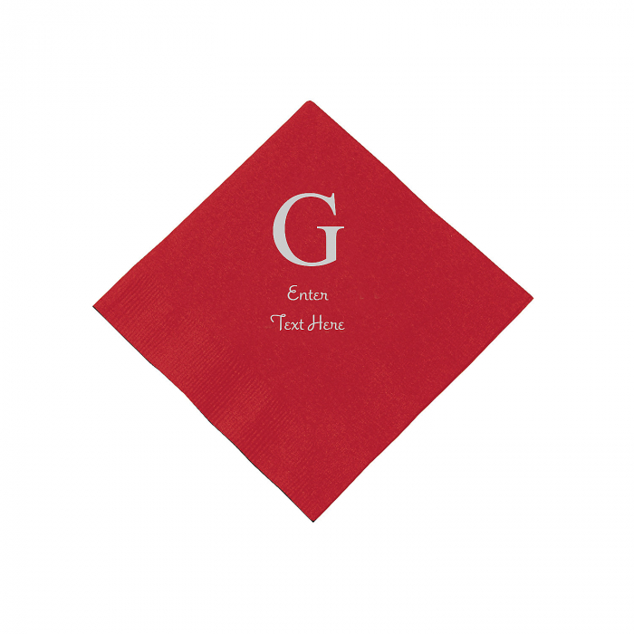 Red Wedding Monogram Personalized Napkins with Silver Foil - Beverage (50 Piece(s))